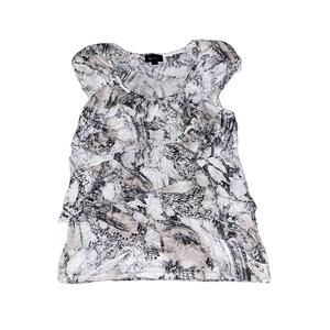 Womens Ruffle Top Large Shirt Ruched Cap Shoulders Black White Salt Pepper USA